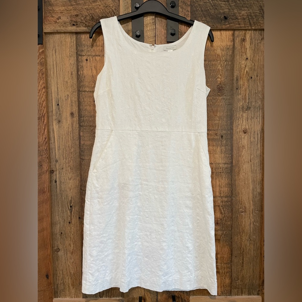 Garnet Hill white linen brocade sleeveless dress.